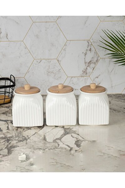 Kitchen Pembelia 3’lü Porselen 500 ml Saklama Kabı Baharat Tuz Şeker Kahve Sa...