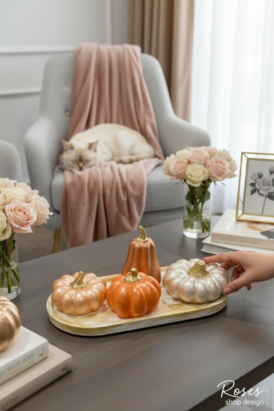 Roses Balkabağı Dekoratif Sedefli Biblo Set (SUNUM TABAKLI)