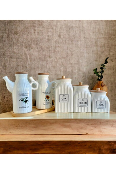Pembelia Life 6 Parça Bambu Standlı Çizgili Porselen 1000ml Yağdanlık Ve 3’lu...