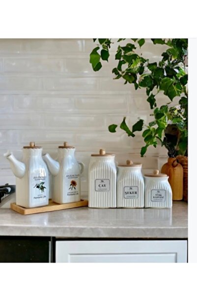 Kitchen Pembelia 6 Parça Bambu Standlı Kare Porselen 1000ml Yağdanlık Ve 3’lu...