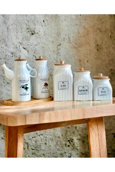 Kitchen Pembelia 6 Parça Bambu Standlı Papatya Porselen 1000ml Yağdanlık Ve 3’lu Çay Şeker Tuz Kahve Kavanoz Seti