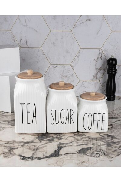 Pembelia Life 3’lü Beyaz Porselen Sugar Tea Coffe Saklama Kavanoz Seti(Çay Şe...