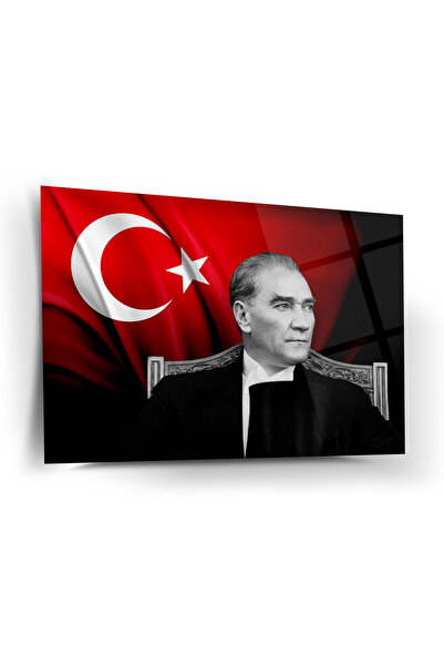 Shiny Art Atatürk Siyah Beyaz Portre Türk Bayrağı Fonlu Cam Tablo – Modern UV...