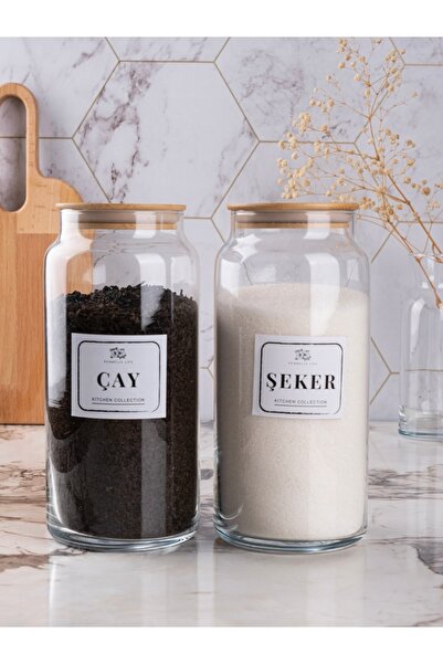 Kitchen Pembelia 2’li 1300 cm Bambu Vakum Kapaklı Cam Çay Şeker Kavanozu