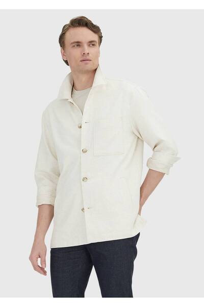 Ramsey Beige Plain Casual Fit Woven Cotton Blend Overshirt