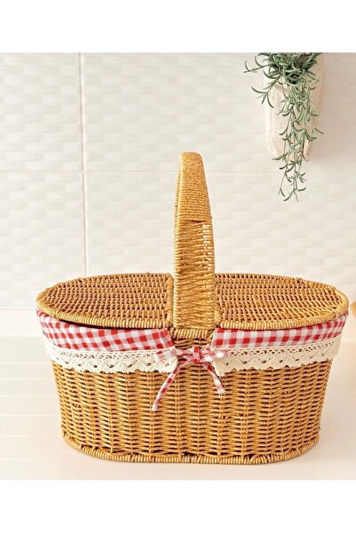 Kitchen Pembelia Hasır Oval Piknik Sepeti Bambu Sepet Kapaklı