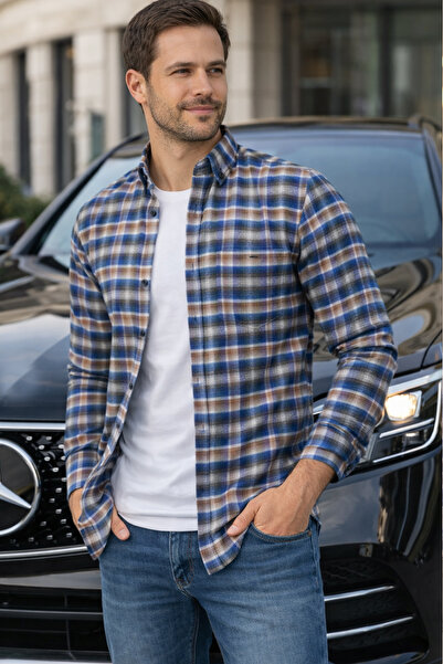 Varetta Cămașă de iarnă albastră pentru bărbați cu buzunare în carouri Classi...