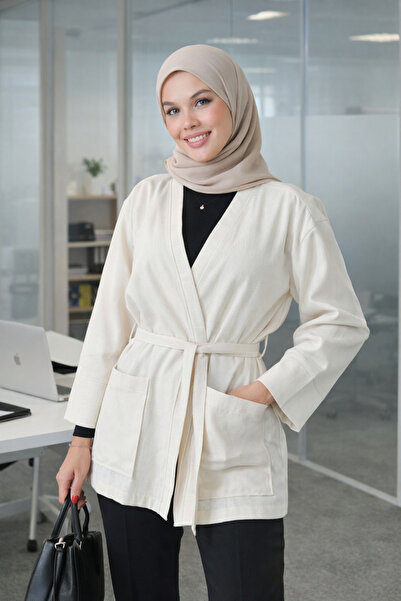 mirach Krem Kadın Cepli Ceket | Uzun Kollu Kuşaklı Kimono | Premium Ham Pamuk...