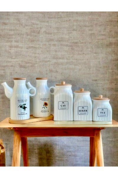 Kitchen Pembelia 6 Parça Bambu Standlı Çizgili Porselen 1000ml Yağdanlık Ve 3...