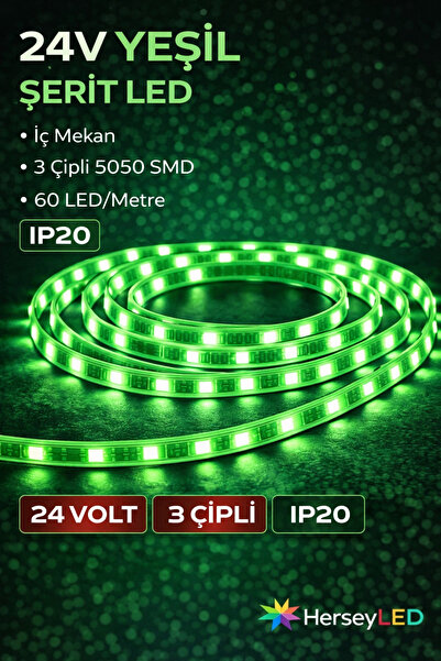 ALLES 24V Yeşil Şerit LED – İç Mekan, 3 Çipli 5050 SMD, 60 LED/Metre, IP20