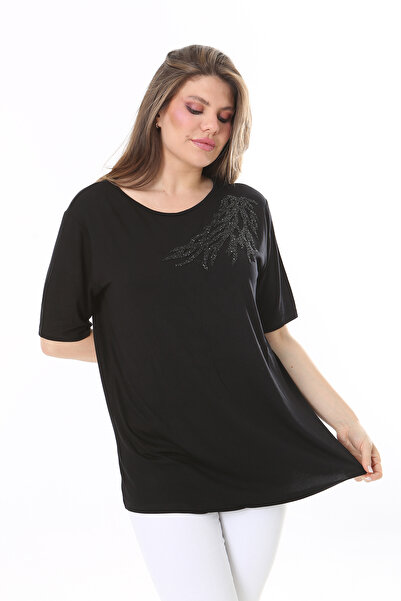 Şans Γυναικεία Plus Size Μαύρη Πέτρα Λεπτομερής Μπλούζα 65N37802