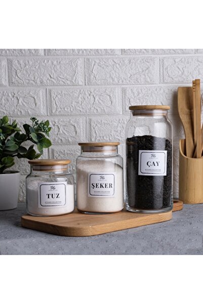 Pembelia Life 3’lu Bambu Kapaklı Cam Çay Şeker Tuz Saklama Kavanoz Seti(1300m...