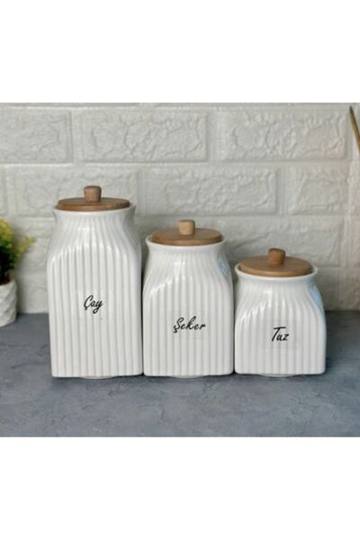 Kitchen Pembelia 3 Boy Porselen Bambu Kapaklı Çay Şeker Tuz Kavanoz Seti