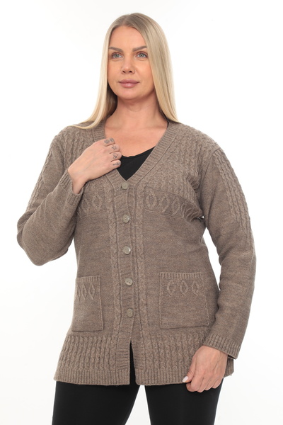 İKSUN Kadın Düğmeli Cepli V Yaka Örgü Yün Anne Triko Kışlık Hırka