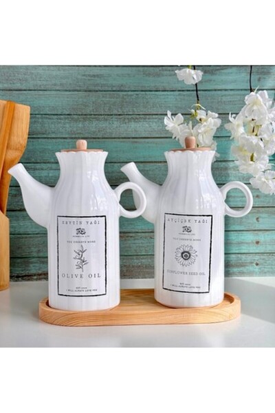Kitchen Pembelia 6 Parça Bambu Standlı Porselen 1000ml Yağdanlık Ve 3'lu Çay Şeker Türk Kahve Kavanoz Seti