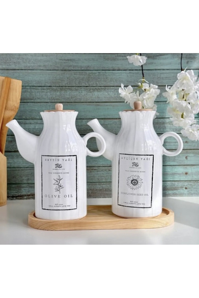 Pembelia Life Bambu Standlı Etiketli 2’li Porselen 1000ml Papatya Yağdanlık S...