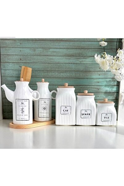 Pembelia Life 6 Piece Set of 2 Porcelain 1000ml Oil Pots with Bamboo Stand an...