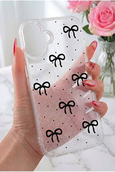 Fibaks Apple iPhone 16 Uyumlu Kılıf Simli Siyah Fiyonk Desenli Renkli Parlak ...