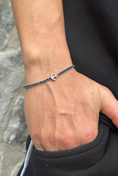 HERİF Aksesuar Erkek Lacivert Zirkon Taşlı Çapa Motif Çelik Bileklik