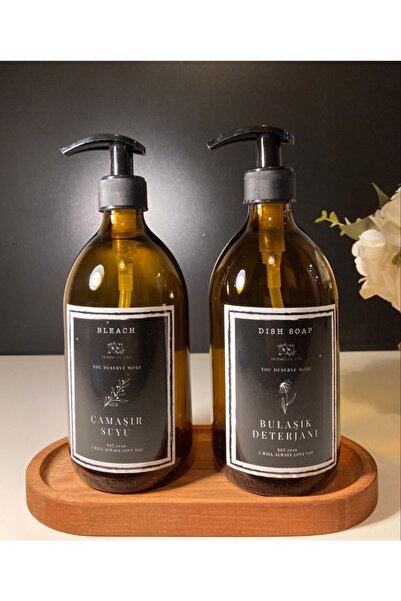 Pembelia Life Ahşap Standlı Amber 500ml Cam Bulaşık Deterjanı Çamaşır Suyu Şi...