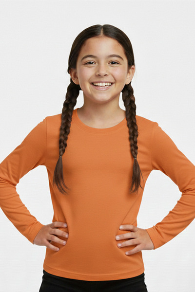 MK Mukko Kids Uzun Kollu Tişört - Kız Erkek Çocuk Turuncu Renkli Basic Mevsim...