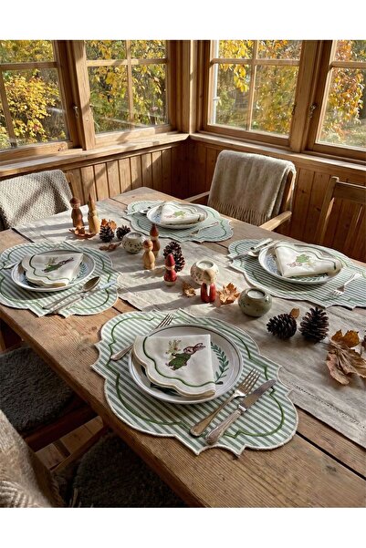 LİONYA DESİGN 12 Parça 6 Kişilik Tavşan Nakışlı Sofra Seti (6 Amerikan Servis...