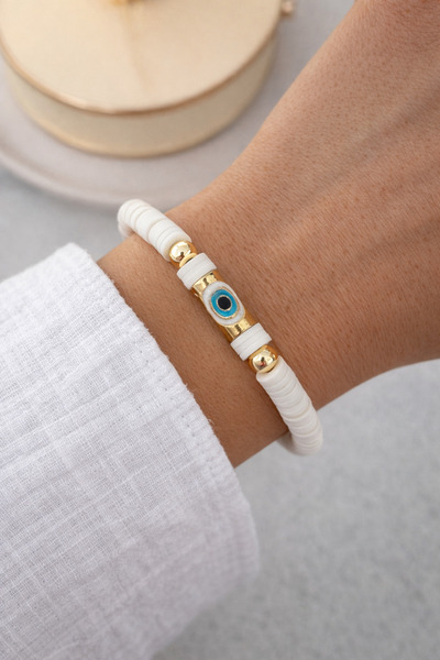 HERCY سوار فيمو أبيض مزين بخرز العين الشريرة |   سوار نسائي صيفي