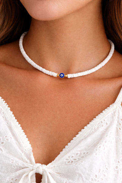 HERCY قلادة فيمو بيضاء رفيعة مرصعة بخرز العين الشريرة |   قلادة نسائية صيفية ...