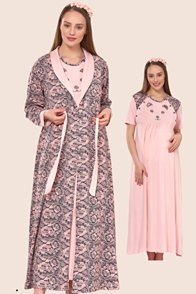 Emose Pamuklu Lohusa Hamile Sabahlıklı Gecelik Takım
