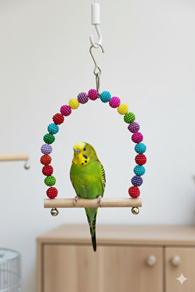 Tüylü Tezgah Kuş Salıncağı Muhabbet Kuşları İçin Tünekli ve Çıngıraklı Salınc...