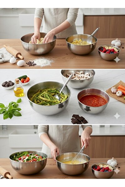 GörSeç Professional 3-Piece Stainless Steel Mixing Set Preparation Bowl Set W...