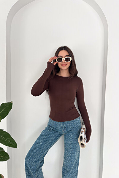 MİROR Дамска блуза в цвят кафе от модална смес с деколте тип „велосипед“