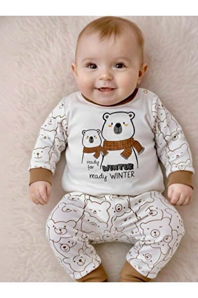 ELLO BABY Kahverengi Bebek Pijama Takımı Ayıcık Desenli Yumuşak Uzun Kollu
