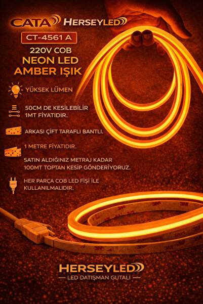 Cata 220V COB NEON LED AMBER YÜKSEK LÜMEN 50CM DE KESİLEBİLİR - 1MT FİYATIDIR...