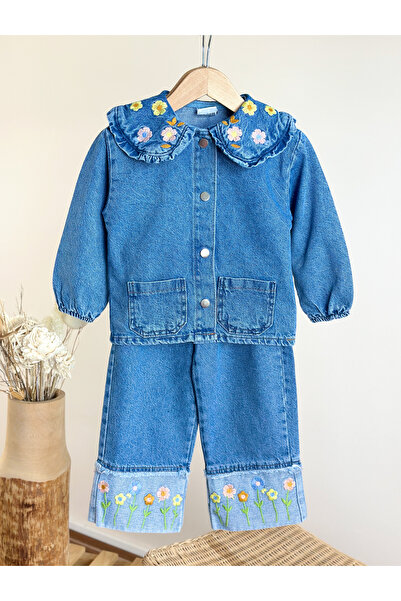 Pinkitokids Set pentru fete din denim cu broderie detaliată, cămașă și pantaloni