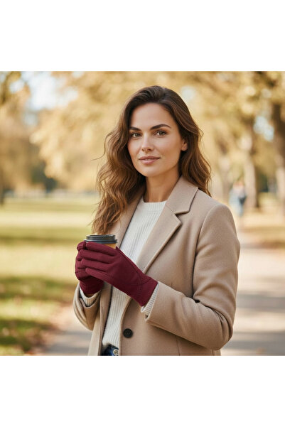 LOVE Bordo Süet Şık Kadın Eldiven-Telefon İle Kulanılabilir Dokunmatik