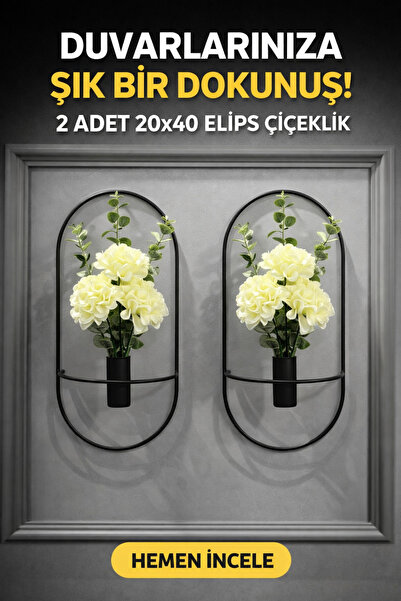 VENON 2 Adet Elips Çiçeklik Modern Dekoratif Metal Duvar Çiçeklik 20 X 40 Sal...