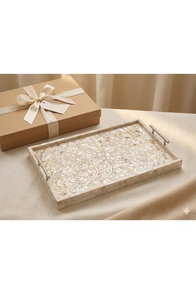 RİVO HOME DECOR صينية ميا المصنوعة يدويًا من الخشب الطبيعي، صينية فاخرة للعرض والديكور مقاس 55×35 سم