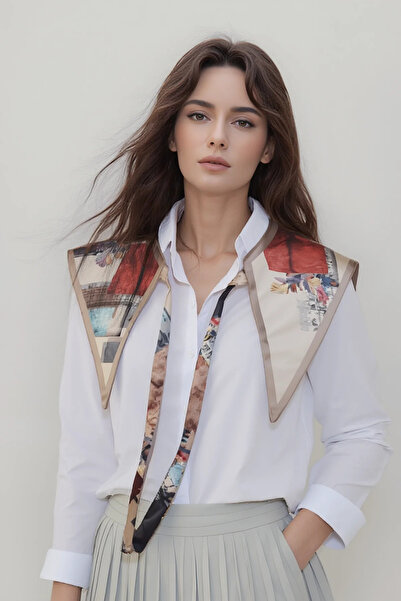 Walkenzo Vintage Desenli İpeksi Kumaş Özel Kesim Kadın Fular Omuz Şalı