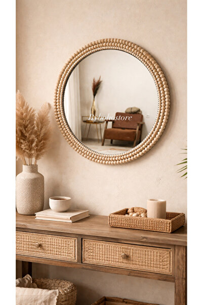 BOHEM Ahşap Boncuklu Yuvarlak Ayna 35cm,Dresuar Ayna,Konsol Aynası