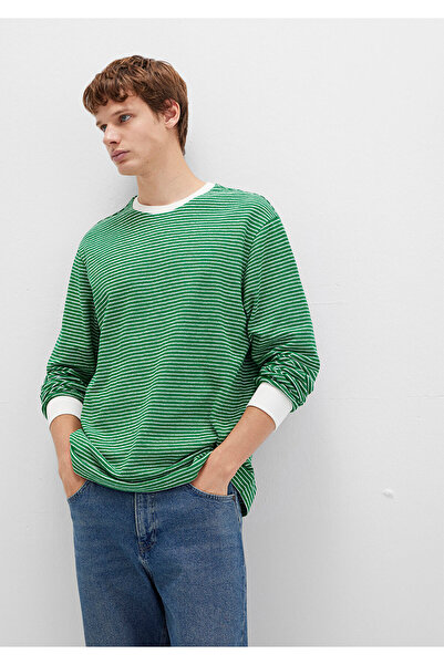 Mavi Çizgili Yeşil Tişört Loose Fit / Bol Rahat Kesim 0613038-85916