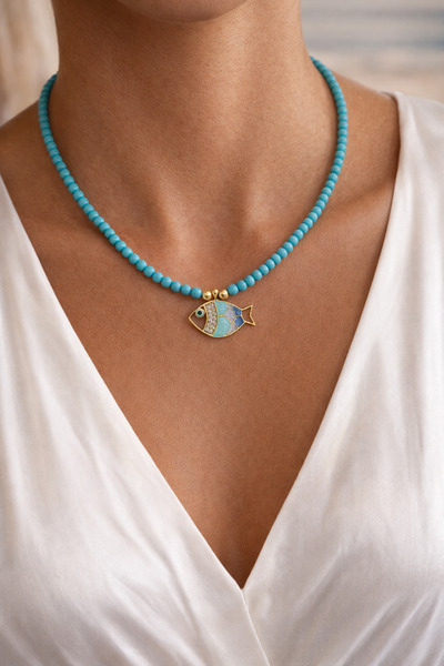 HERCY Doğal Turkuaz Boncuklu Balıklı Kolye | Yazlık Balık Kadın Kolye
