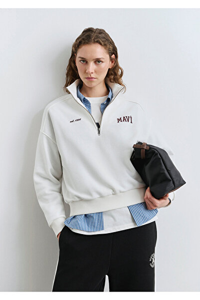 Mavi Logo Baskılı Yarı Fermuarlı Ekru Sweatshirt 1S10373-70057