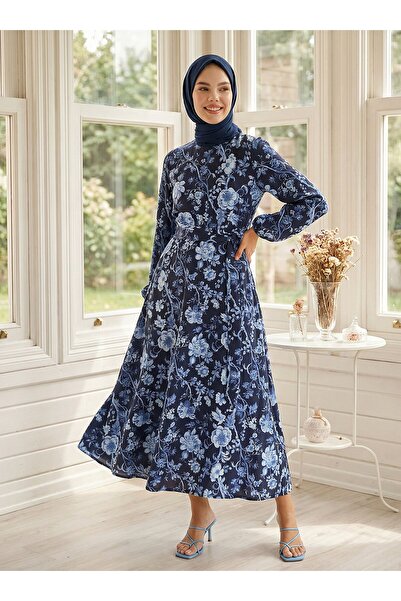 Refka Rochie Hijab cu Motive Florale - Model Bleumarin - Refka