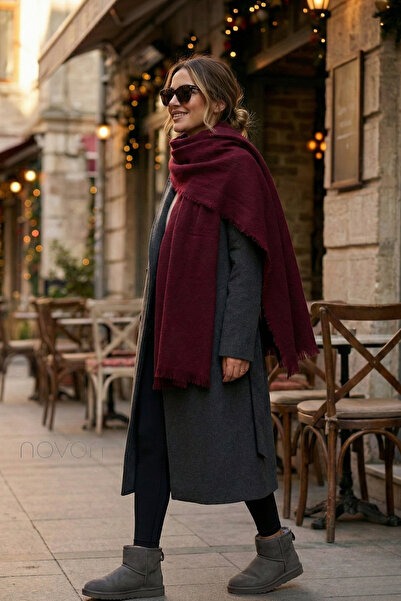 novon Eșarfă lungă de iarnă cu franjuri, de culoare burgundă, la modă