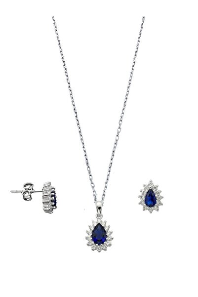 oya silver Minimal Safir Taşlı Damla Gümüş Kadın Kolye Küpe Set
