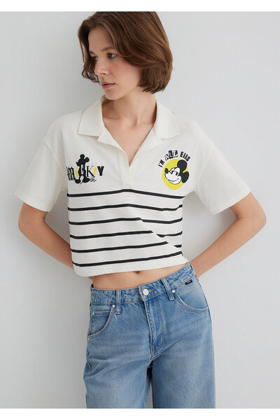 Mavi Mickey Mouse Baskılı Çizgili Tişört Regular Fit / Normal Kesim 1612853-8...