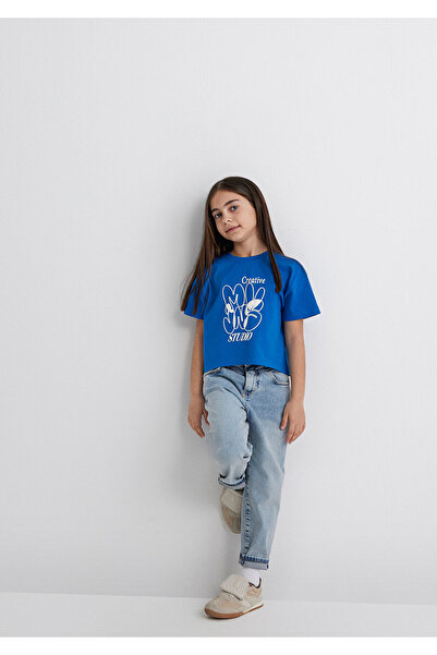 Mavi MVJNS Baskılı Crop Mavi Tişört Loose Fit / Bol Rahat Kesim 7610275-70910