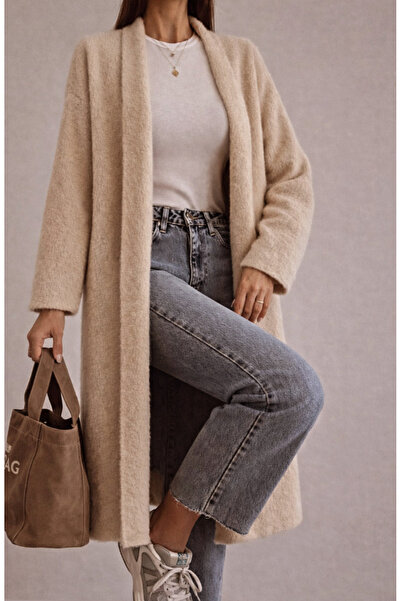 Perry Boutique Women's Oversized Angora Long Knitwear Cardigan Stone Color