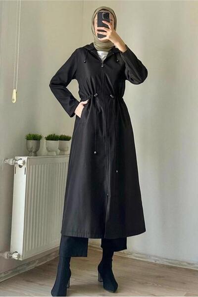 TRENDTESETTÜR KADIN SİYAH KAPÜŞONLU BELİ BÜZGÜLÜ TRENÇKOT T 1495